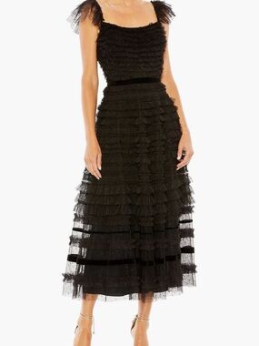 Mac Duggal Black Ruffled Tulle Midi Dress